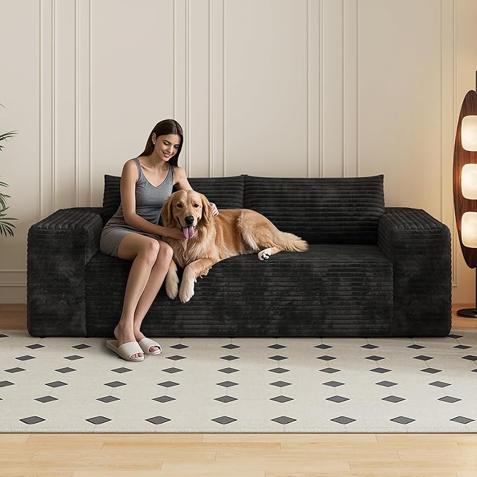 3 Seater Couch for Living Room 78.8 inch Fluffy Corduroy Boneless Couch Cloud Loveseat with Wide Armrest Modern Upholstered Floor Sofa in a Box No Assembly Required Black