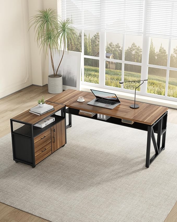 LITTLE TREE 63 L Shaped Executive Computer Desk and Drawer lateral File Cabinet Dark Brown