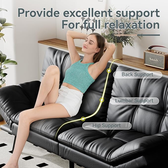 Futon Sofa Bed Convertible Couch Black Faux Leather Sofa Bed with Memory Foam Adjustable Backrest &amp Armrests Multifunctional Small Loveseat Sleeper Sofa for Living Room Apartment Office