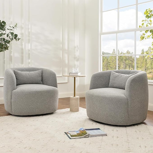 KINWELL 34 Wide Sherpa Swivel Barrel Chairs Set of 2 No Assembly Round Boucle Upholstered Accent Chairs Armchairs Single Sofa Chair with Toss Pillow for Living Room and Bedroom Gray