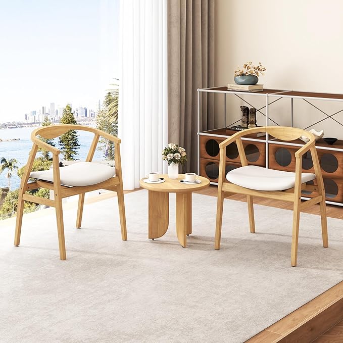 KOMFOTT Bamboo Accent Chair Mid Century Modern Armchair with Barrel Back &amp Soft-Padded Seat Upholstered Lounge Chair with A-Shaped Frame for Living Room Bedroom Reading Room Beige