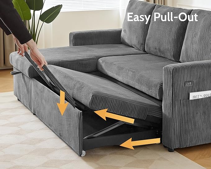 WEUP 106 U Shaped Sectional Sleeper Sofa Bed with Pull Out Bed Sectional Sleeper Couch Pull Out Couch with Reclining Backrest/Reversible Storage Chaise/USB Ports/Tool-Free Assembly Corduroy Grey