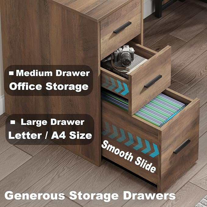 LVB Wood L Shaped Desk Large Computer Office Desk with File Cabinets Reversible Executive L Shape Gaming Desk with Drawers Metal Wooden Corner Desk Table with with Storage Shelf Rustic Oak 59 Inch