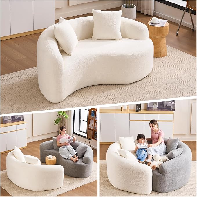 Modern Chenille S-Curved Modular Loveseat Sofa 66.9 Compression Sponge Boneless Couch No Assembly Required Cozy Upholstered Seating for Living Room Apartment Office or Meditation Space (White)