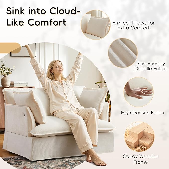 Merax 47.2 Oversized Accent Chair with Dual-Port Charging Skirted Base Deep and Wide Seat Cloud-Like Comfy Single Sofa Modern Design for Living Room&ampApartment ChenilleWhite