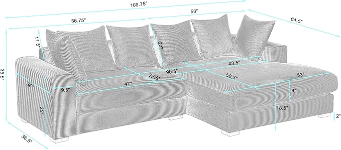L-Shaped Corner Corduroy Sectional Sofa 4 Seat Modular Boneless Sofa Foam Cloud Couch with Movable Ottoman and Toss PillowsModern Deep Seat Convertible Chaise Sofa