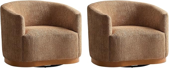 HULALA HOME Chenille Swivel Accent Chairs Set of 2 Fully Assembled Comfy Upholstery Barrel Armchair with Sturdy Solid Wood Base Caramel