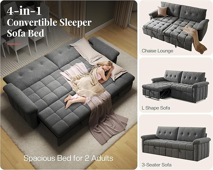 Jocisland 93” 4-in-1 Convertible Sofa Bed Cloud Sleeper Sofa Tufted Chenille 5-Position Adjustable Backrest 10-Minute Tool-Free Assembly Couches for Living Room Guest Room Gray
