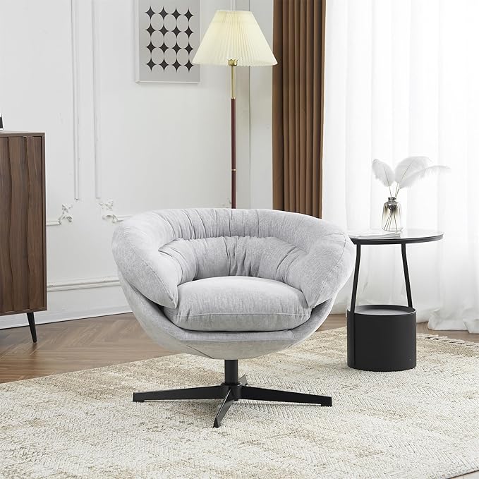 Christopher Knight Home 360° Swivel Club ChairChenille Upholstered Accent Chair with Removable Cushion Round Office Chair with Black Metal BaseGray