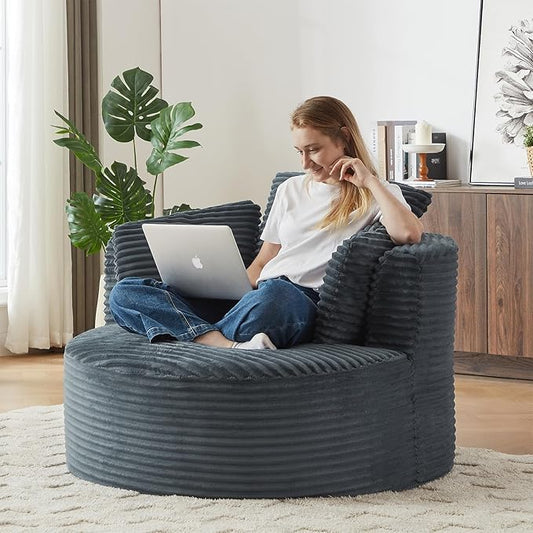 Oversized Round Chair 48W Corduroy Comfy Circle Armchair with Deep Seat &amp 3 Pillows Upholstered Floor Boneless Chair Fluffy Modern Cozy Sofa Chairs for Living Room Bedroom Apartment(Dark Gra