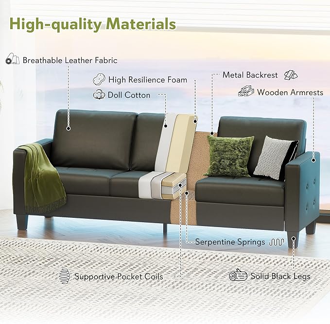 STHOUYN 73” Black Faux Leather Couch Modern Comfy Office 3 Seater Sofa Couch with Tufted Armrest and USB Small Love Seat Couches for Living Room Apartment Bedroom
