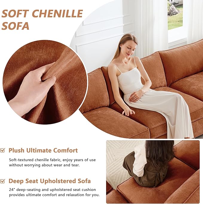Modular Sectional Sofa with Pull Out Storage Drawers 78.7 L-Shaped Comfy Chenille 2-Seat Sofa with Storage Ottoman Upholstered Deep Loveseat Couch with 2 Pillows for Living Room Orange