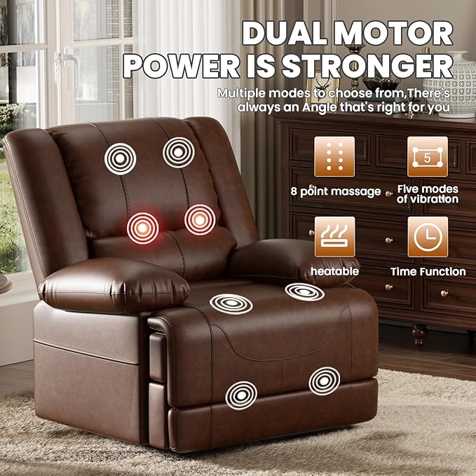 Large Dual Motor Power Lift Recliner Chair with Massage and Heat for Elderly People Infinite PositionUSB Ports and Remote ControlBreathable Leather (Red Brown)