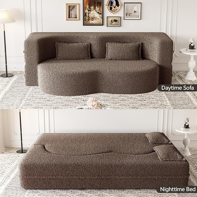 Newfun 78 Convertible Sofa Bed 2 in 1 Folding Couch Bed Futon Sofa Bed with Two Pillows Loveseat Sofa for Living Room Bedroom Lounge Compressed Modern Sofa No Assembly Required (Brown)
