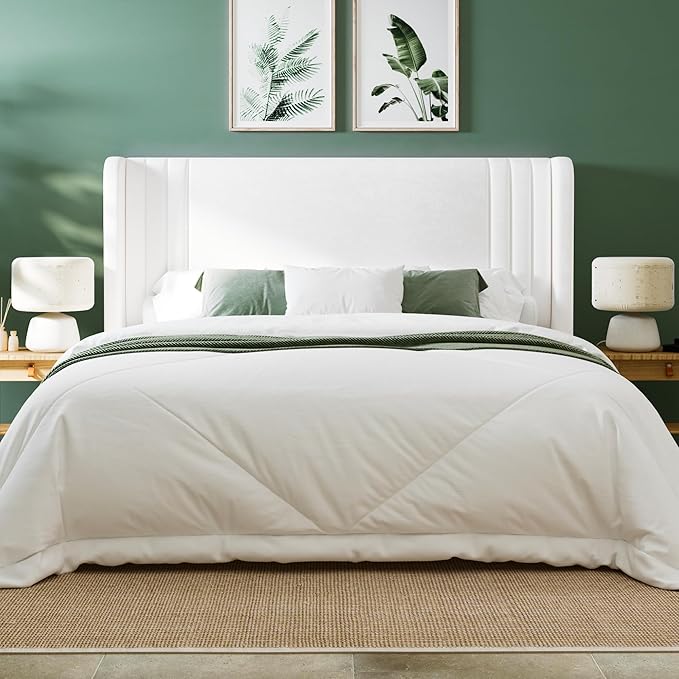 Allewie Full Size Velvet Platform Bed Frame with Vertical Tufted Wingback Headboard Easy Assembly Under Bed Storage No Box Spring Required Modern Style White