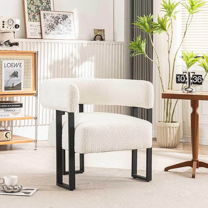YOUNIKE Accent Chair White Upholstered Teddy Velvet Single Sofa Modern Corner Round Padded Armrest Club Boucle Armchair for Living Room Bedroom Office Hotel Lounge Nursery Apartment Black Metal Stand