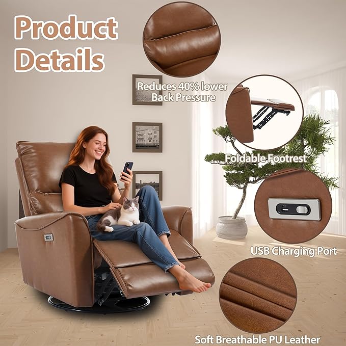 Power Swivel Rocker Recliner PU Leather Glider Electric Rocking Chair with Charging Ports and Lumbar Support Electric Wall Hugger Recliner for Living Room Bedroom Nursing RV Brown