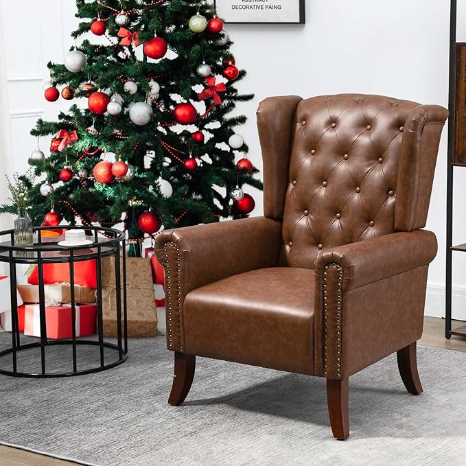 MOJAY Mid-Century PU Leather Accent Chair Living Room Lounge Sofa Chair with Buttons Single Club Armchair with Rivet Trim for Bedroom Home Reception (Brown)