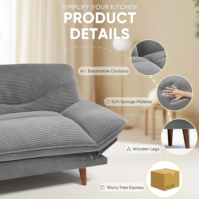 JUMMICO Convertible Futon Sofa Bed Sleeper Futon Couch with Adjustable Backrest and Armrests Modern Loveseat with Sturdy Wood Frame for Small Spaces Apartments (Corduroy Dove Gray)