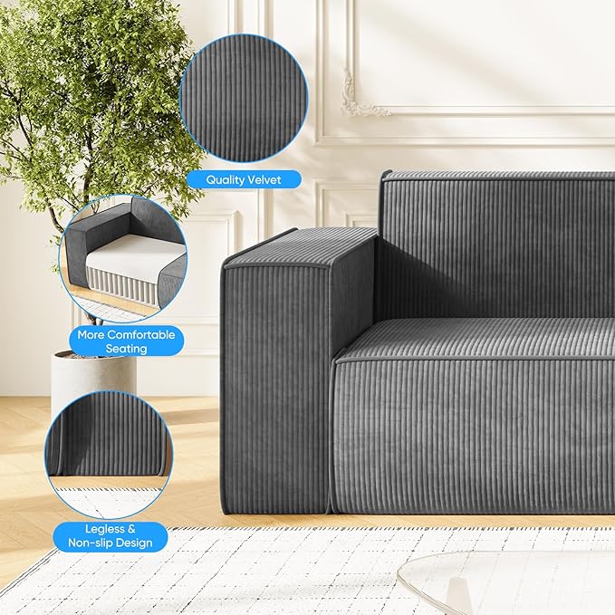 Mjkone 76 Modern Corduroy Sofa Couch Comfy 3 Seater Sofa with Deep Seat Couch for Living Room/Apartment/Office/Home No Legs/No Installation/Easy to Transport (Grey)