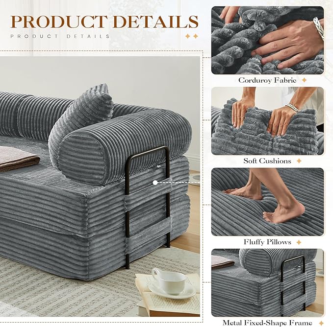 78.5W Convertible Folding Sofa Bed Corduroy Upholstered Queen Size Foam Floor Couch with Fixed-Shaped Frame Loveseat Sleeper Compression Sofa Foldable Mattress for Living Room Bedroom(Light Grey)