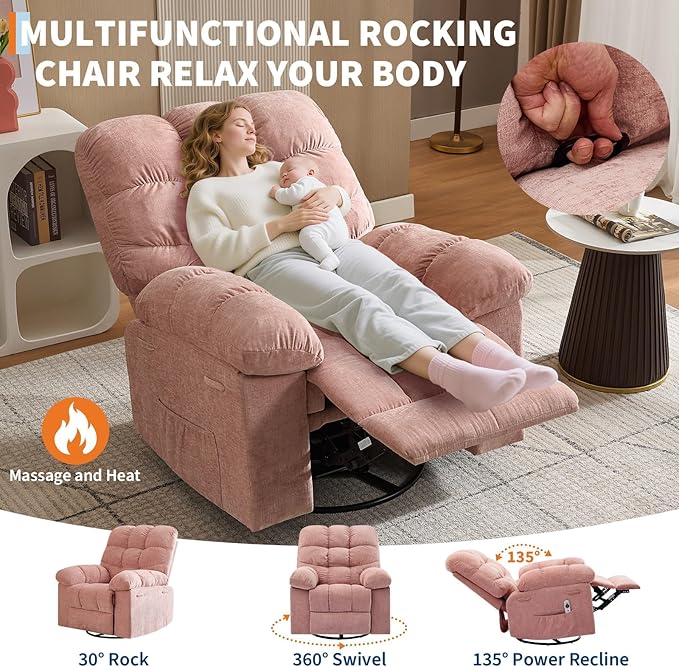 GarveeHome Rocker Recliner Chair with Vibration Massage and Heat 360° Swivel Recliner Sofa with Side Pocket Single Reclining Chair for Living Room and Bedroom Pink