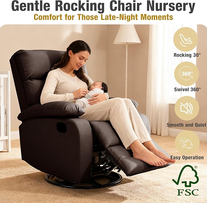 Swivel Rocker Recliner Rocking Recliners Chair for Small Spaces Small Rocker Recliner Chair Nursery Rocking Chairs for Living Room RV Nursery Brown