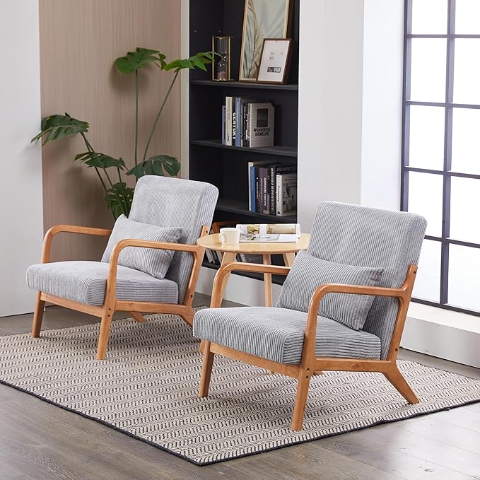 Corduroy Accent Chair Set of 2 Mid Century Modern Armchair with Soft Cushion Wingback Lounge Chair with Solid Wood Frame for Bedroom Living Room Reading Room (Light Grey)