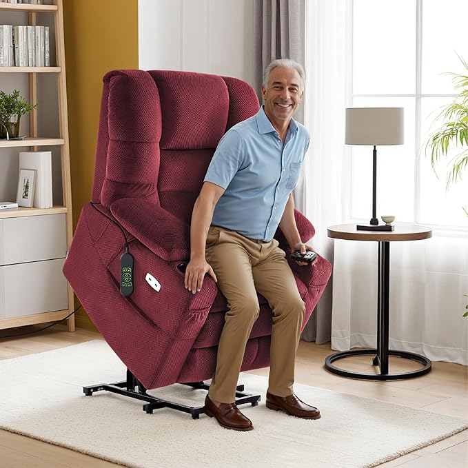 MCombo Triple Motor Power Lift Recliner Chair with Massage and Dual Heating Adjustable Headrest for Elderly People Fabric 7632 (Burgundy Medium)