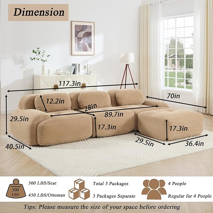 Modular Sectional Sofa Boneless Couch Cloud Sectional Couches for Living Room Oversized L Shaped Couch with Deep Seat and Ottoman Comfy Corduroy Upholstery Camel Couches No Assembly(3S+1O)