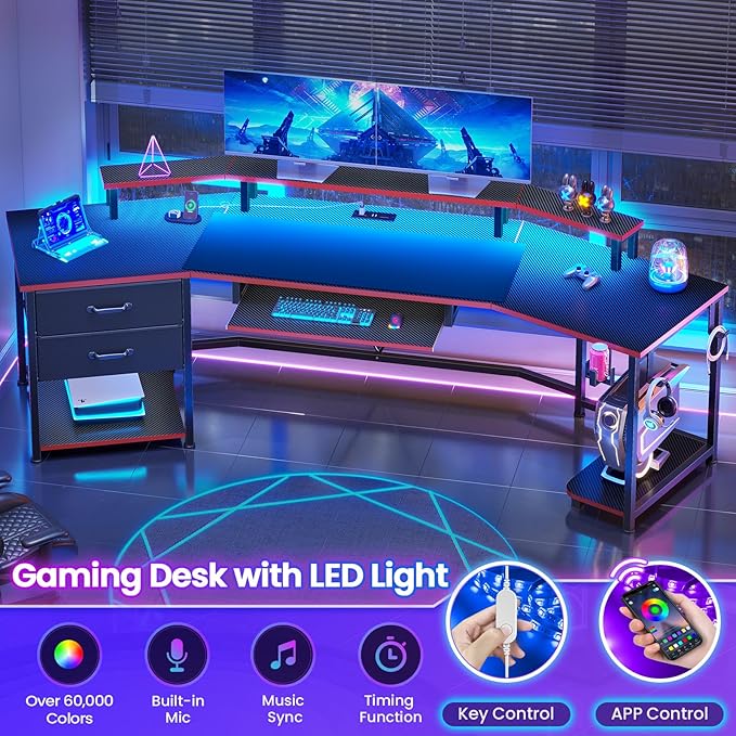 Itaar 79 Gaming Desk with 2 Fabric Drawers Long Computer Desk with Power Strip &amp LED Lights U Shaped Desk wtih Storage and Cup Holder Large Gaming Table for Bedroom Carbon Fiber Black+Red