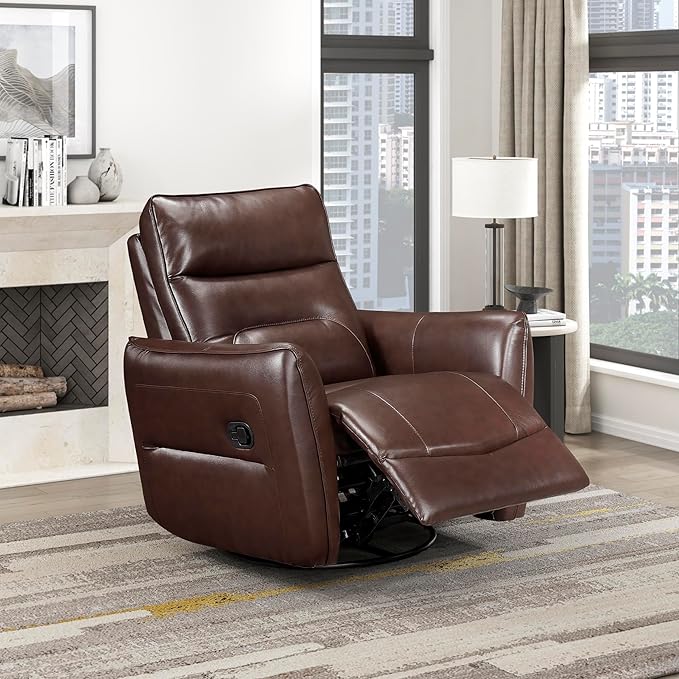 Lexicon Swivel Glider Reclining Chair Top Grain Leather Match Manual Recliner Comfy Nursery Glider Recliner Swivel Reclining Chair for Living Room/Office/Bedroom/Apartment Brown
