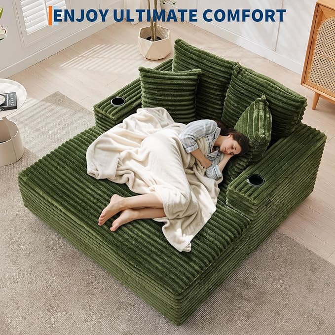 IDEALHOUSE 60 Oversized Chaise Lounge Chair Indoor Comfy Corduroy Lounge Sofa with Charging Station Upholstered Sofa Bed for Living Room Movie Room with Storage Pockets &amp 2 Cup Holders (Green)