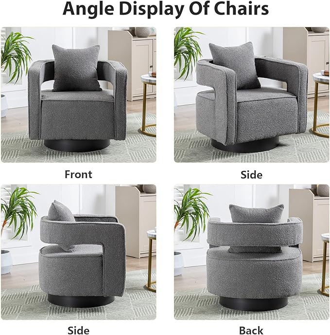 Swivel Barrel Chair Set of 2 Modern Teddy Round Accent Chairs Curved Open Back 360 Degree Swivel Arm Chair with Pillow Single Sofa Chair for Living Room BedroomGrey
