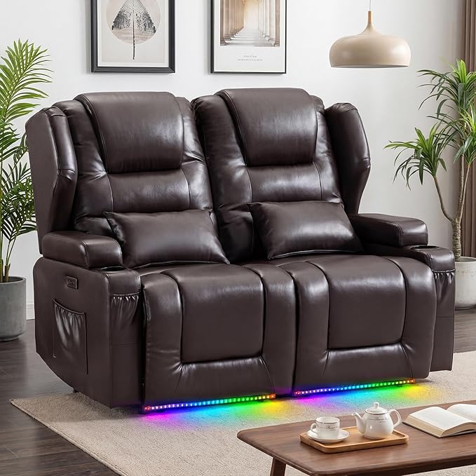 Power Loveseat Recliner SofaReclining Loveseat RV Recliners with Speaker/USB Ports/LED LightsPower Recliner Loveseat Sofa with Cup Holders for Living Room (Brown Loveseat)