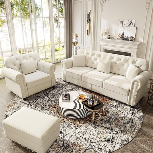 Beige Velvet Chesterfield Sofa Set with Button Tufting &amp Nailhead Trim 3-Seater Sofa 1-Seater Armchair &amp Ottoman Rolled Arms Modern Classic Living Room Furniture for Cozy Home Decor