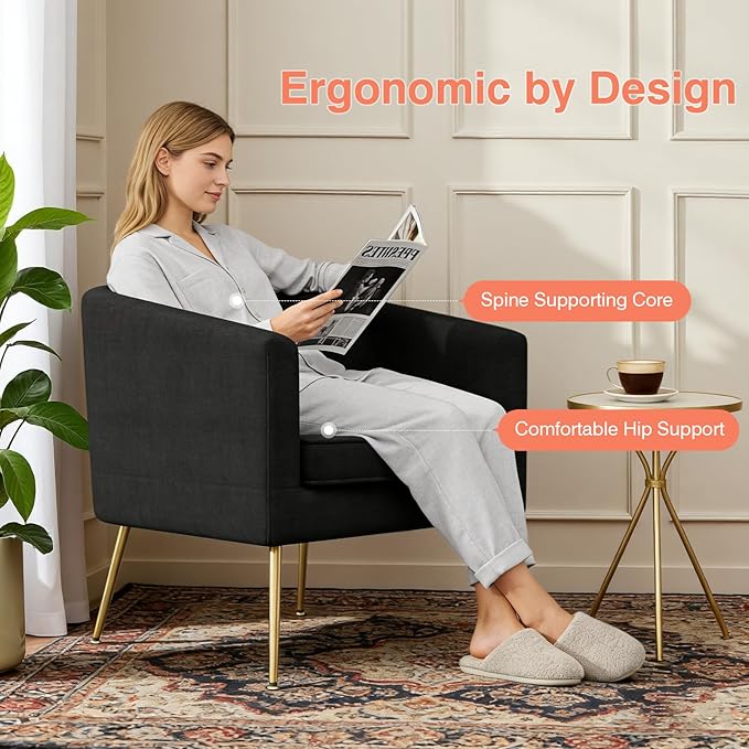 Velvet Accent Chair Set of 2 Modern Barrel Armchair with Gold Legs Upholstered Club Chairs for Living Room/Bedroom/Guest Reception Black