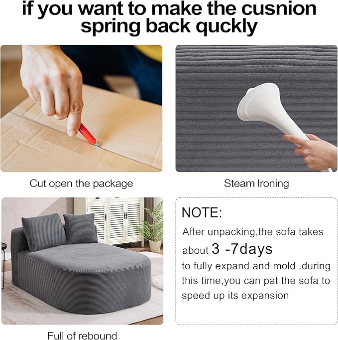 46 Chaise Lounge Chair Indoor Cloud Sleeper Sofa Bed with Pillows Corduroy Upholstered Sofa Couch for Living Room Apart No Assembly Required Gray