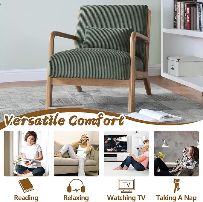 Midcentury Modern ChairWooden Green Accent Chair with PillowCorduroy Arm Chair for Living RoomBedroomSmall Rooms (Green)
