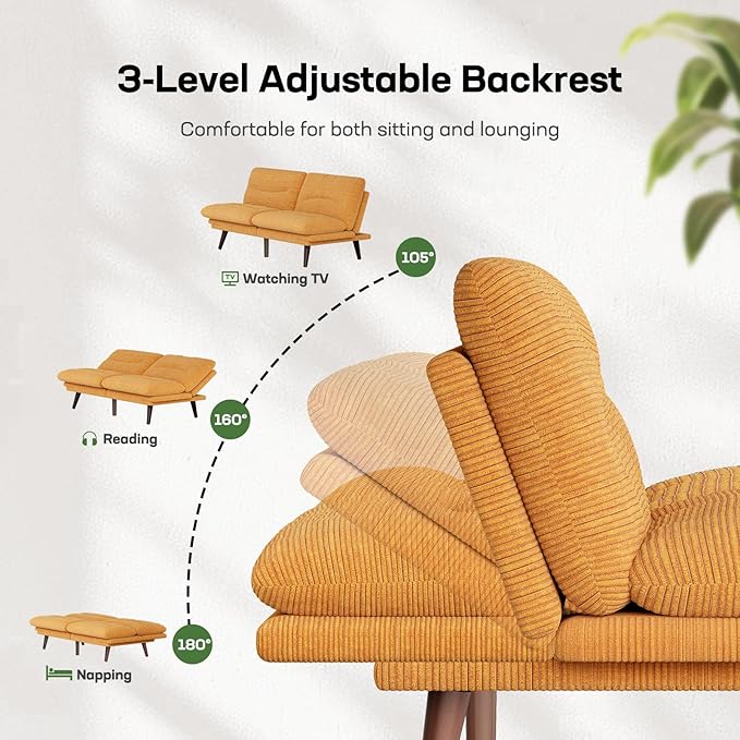 Marsail Futon Sofa Bed 66” Futon Couch with Adjustable Backrest &amp Armrests Convertible Small Sleeper Sofa Bed for Small Apartments Study Room Office Corduroy Loveseat Yellow