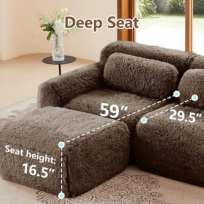 Boneless Couch Modular Sectional Sofa 114.7 Modern Sectional Couches for Living Room Comfy Cloud Sofa No Assembly 3 Seater Couches with Ottoman Deep Seat Floor Sofas Anti-SlipBrown