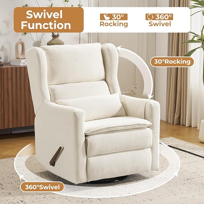 Swivel Rocker Recliner for AdultsGlider Rocking Chair with Adjustable HeadrestRocking Recliner Chair for NurseryManual Recliner Chair with Double CushionChenilleWhite