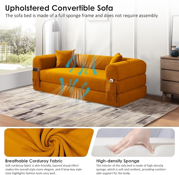 80 Convertible Sofa Bed Corduroy Deep Seat Folding Pull Out Couch with Pillows No Assembly Modern Boneless Couch Compression Sofa in Box Floor Sofa with Storage Pocket for Living RoomYellow