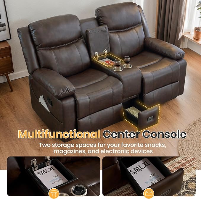 Loveseat Recliner Sofa with Massage &amp Heating Reclining Loveseat with Console RV Wall Hugger Double Loveseat Recliner Couch for Living Room &amp Home Theater (Brown)