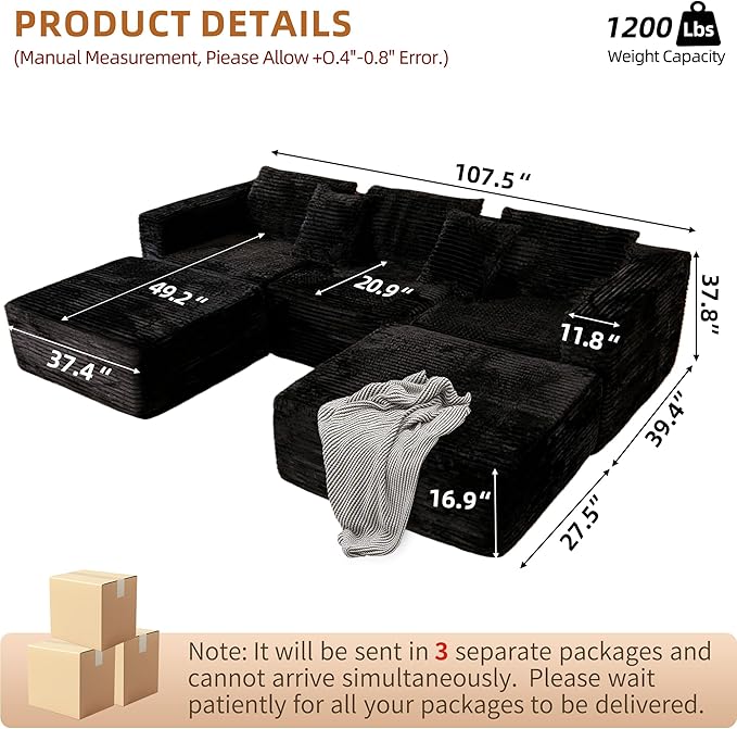 110 Modular Sectional Boneless Sofa with 2 Ottomans Corduroy U-Shaped Modular Sectional Sofa Convertible Cloud Couch with Deep Seats No Assembly Required (Black 110 3Seat+2 0ttoman)