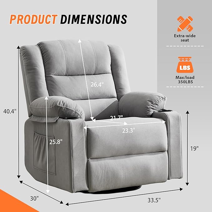 360°Swivel Rocker Recliner Chair for AdultsManual Glider Recliner Sofa with Massage and Heating Nursery Rocking Chairs with Cup Holds for Living Room Bedroom (Light Grey)