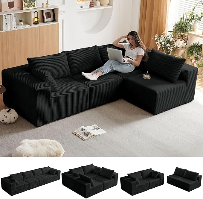 104” Modular Cloud Sectional Sofa Plush Corduroy Boneless Couch L-Shaped Sectional Deep Seat Sofas for Living Room Bedroom No Assembly Required Black