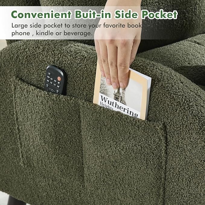 Accent Chair with Ottoman Comfy Reading Chair with Ottoman Set Modern Oversized Velvet Lounge Armchair with Adjustable Backrest for Living Room Bedroom (Teddy Dark Green)