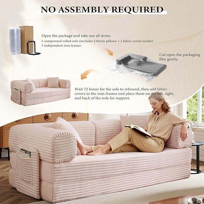 Boneless Couch Folding Couches for Living Room Sofa Futon Sofa Bed with Sleeper Sofa Futon Couch with Fixed-Shape Oversized Corduroy Upholstered (Pink 81 Inches)