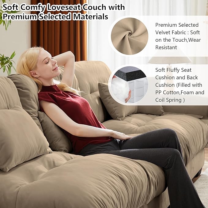 Aoowow Oversized 4 Seater Cloud Sofa Couch for Living RoomFluffy Velvet 4 Seat Cloud Couches with Deep SeatLarge Modular Sectional Sleeper Sofas with PillowsTufted(Velvet Camel 4 Seater)